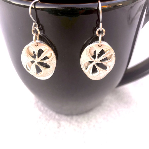 Starfish Earrings Silver Dangle with Floral Pattern Oval - Picture 1 of 8